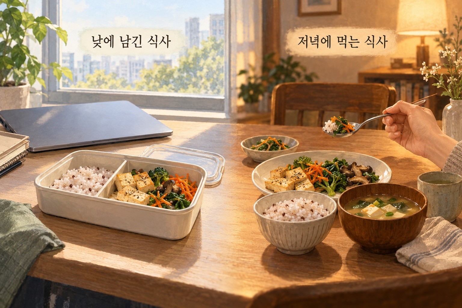 낮에 남긴 도시락과 저녁에 먹는 식사를 나란히 놓은 장면