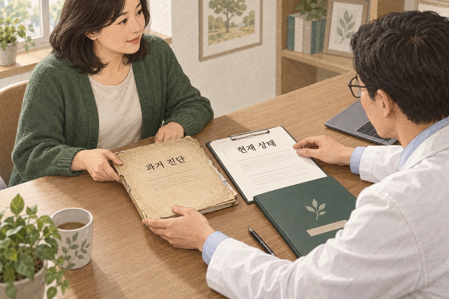 현재 식사가 안정됐다고 느끼는 사람이 과거 진단 기록과 현재 상태를 의료진에게 함께 전달하는 가상 상담 장면