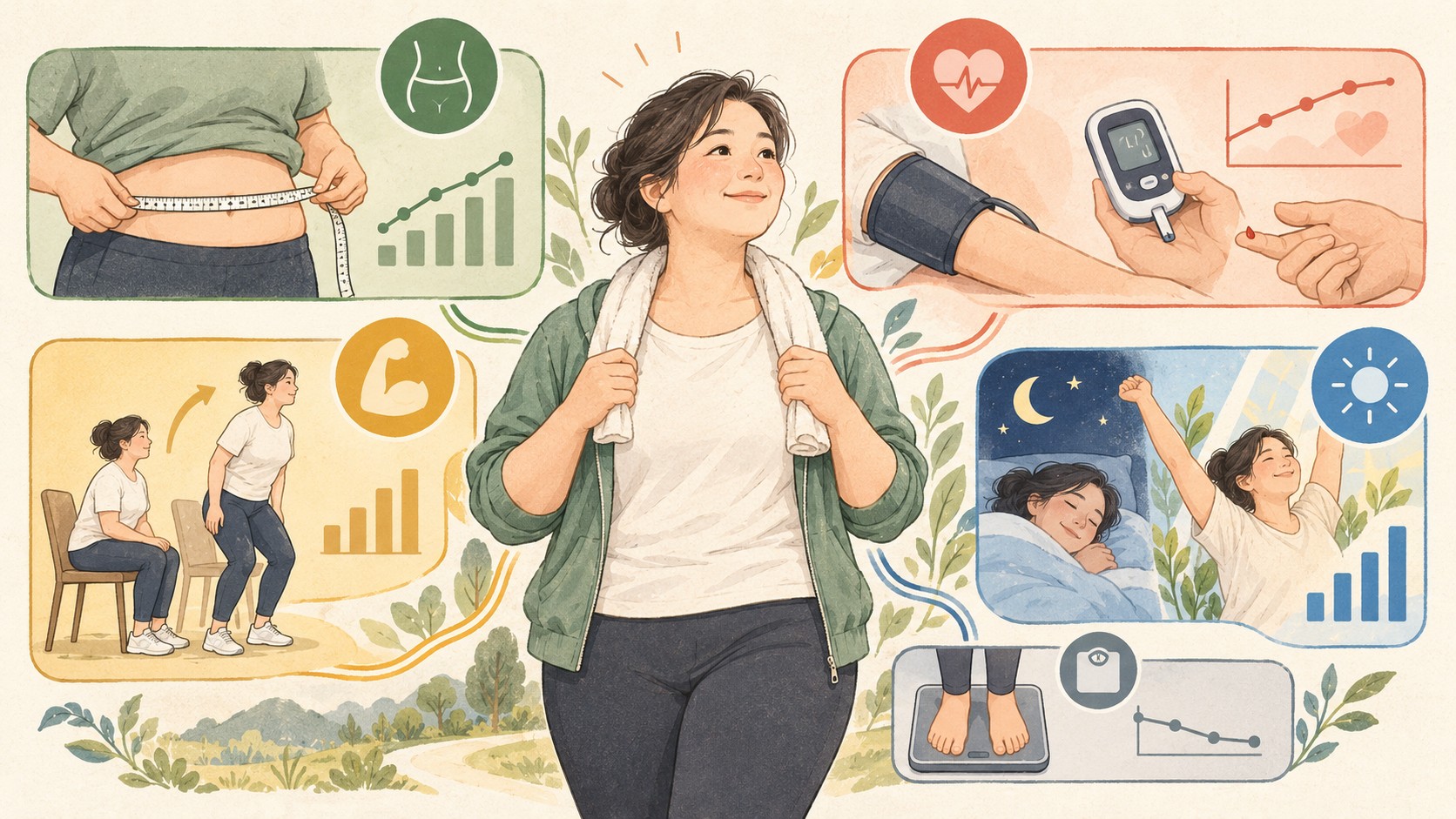 체중과 함께 허리둘레, 혈압·혈당, 근력, 수면·에너지를 추적하는 임상 일러스트
