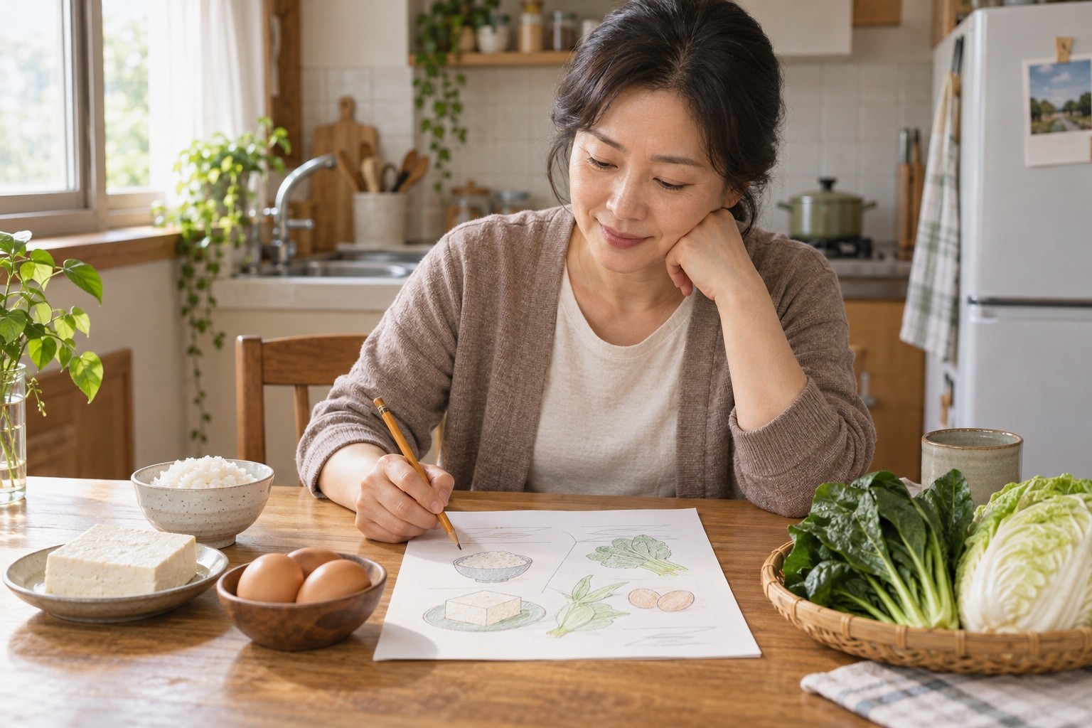 구할 수 있는 음식과 식사 계획 그림을 나란히 놓고 구성을 살피는 성인