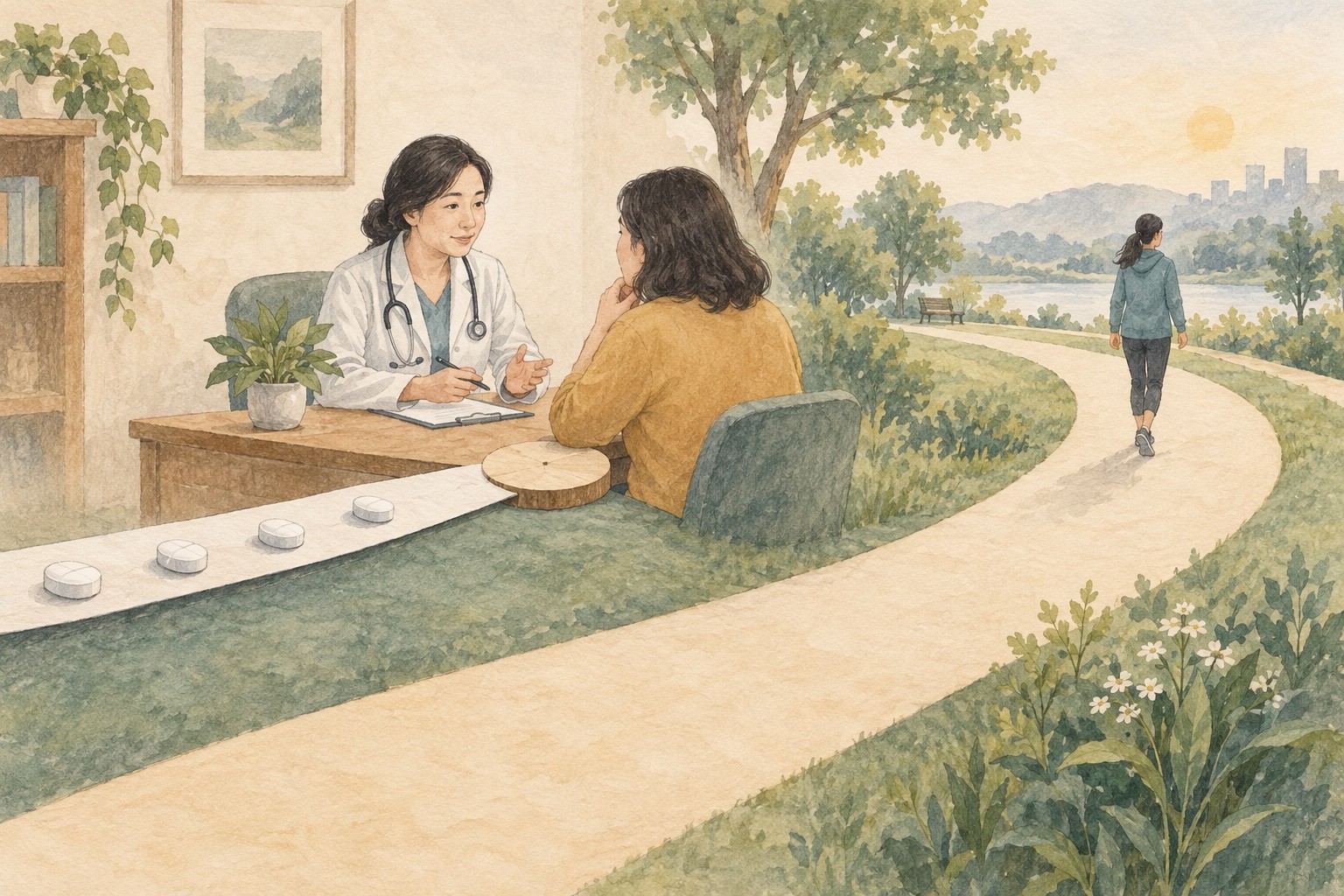 약을 나타내는 짧은 길은 진료 재평가 지점에 닿고, 옆의 체중관리 길은 그 뒤로 계속 이어지는 그림