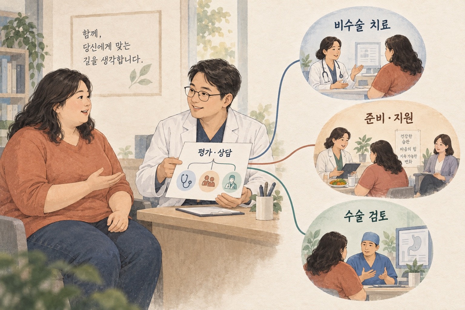고도비만 성인이 전문팀과 평가·상담을 하며 비수술 치료, 준비·지원, 수술 검토를 열린 선택으로 살펴보는 그림