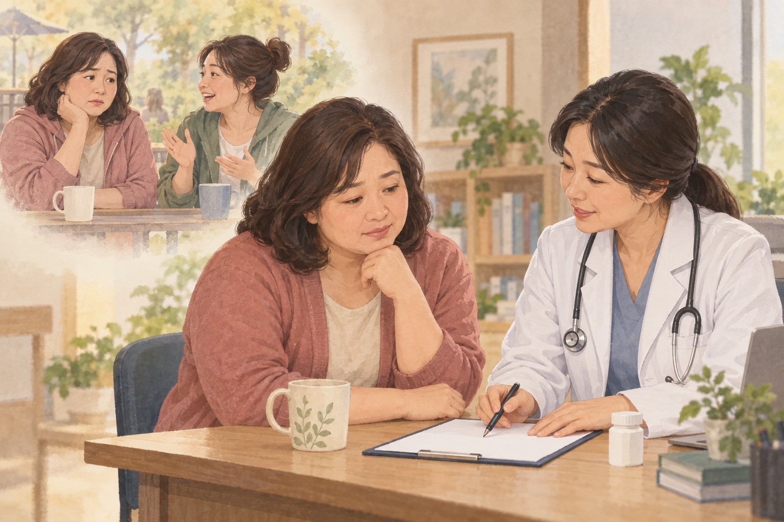 지인과 감량 경험을 비교하던 사람이 의료진과 자신의 목표·치료 계획을 살펴보는 장면