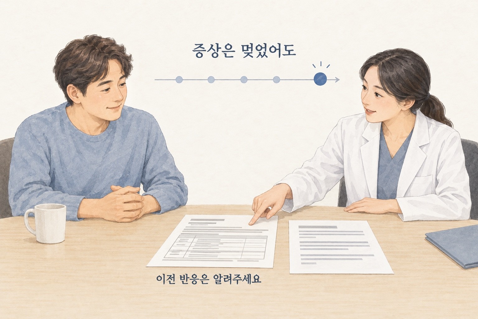 증상이 멎은 뒤에도 이전 반응 기록을 남겨 다음 치료 선택을 의료진과 상담하는 합성 그림