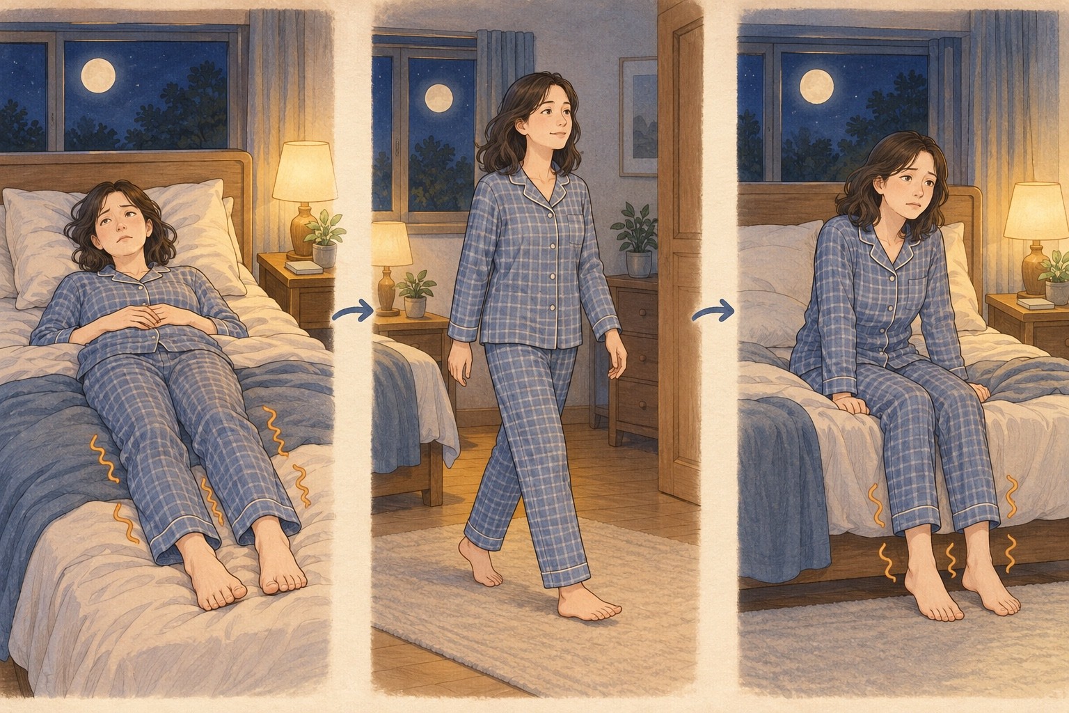 밤에 누워 다리가 불편한 모습, 걸으며 편해진 모습, 다시 앉아 쉬자 불편이 돌아온 모습을 차례로 그린 그림