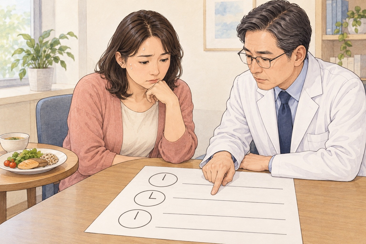 식후 불편이 생긴 시간과 식사·복용약의 관계를 함께 살피는 진료 장면