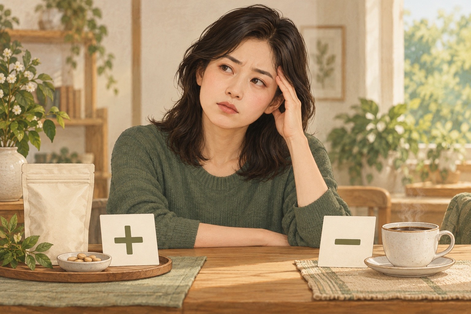 새로 시작한 한약 옆 더하기 표시와 줄인 커피 옆 빼기 표시를 두고 두통의 변화를 살피는 성인