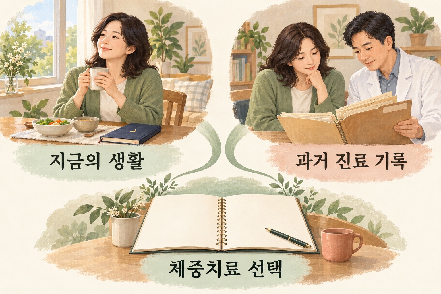 현재의 안정된 생활과 과거 진료 기록이 함께 체중치료 선택으로 이어지는 그림