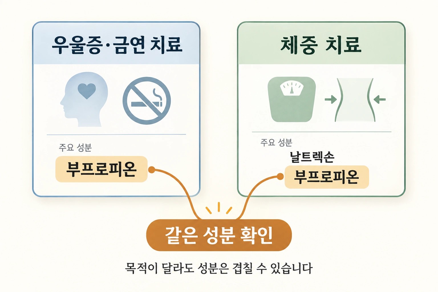 우울증·금연 치료 제품의 부프로피온과 체중치료 제품의 부프로피온이 같은 성분임을 연결한 그림