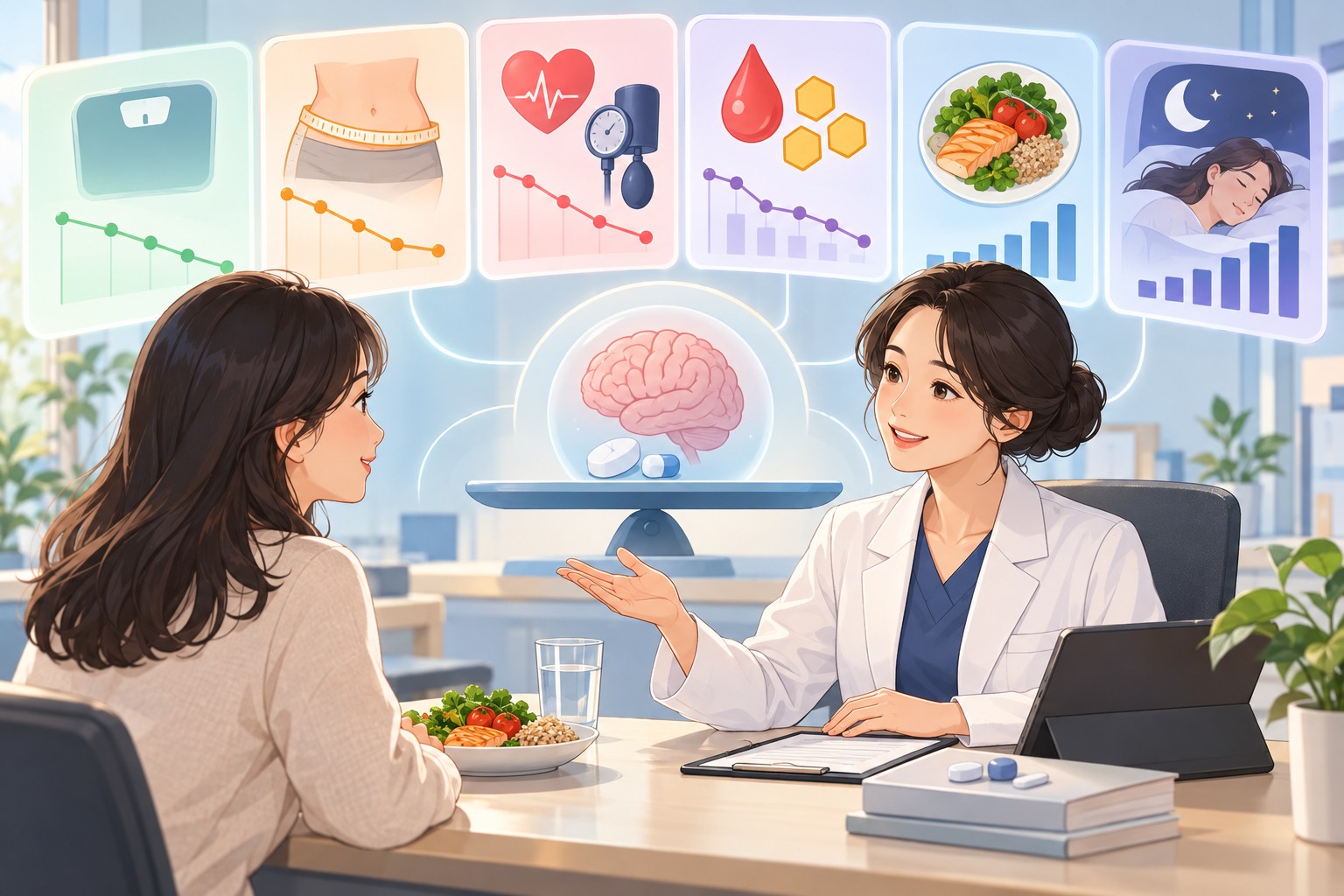 정신건강 안정선을 유지하며 체중·허리·대사지표를 협진하는 그림