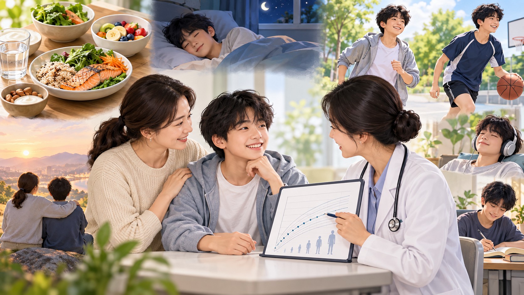 청소년과 보호자, 의료진이 성장과 생활을 함께 검토하는 장면