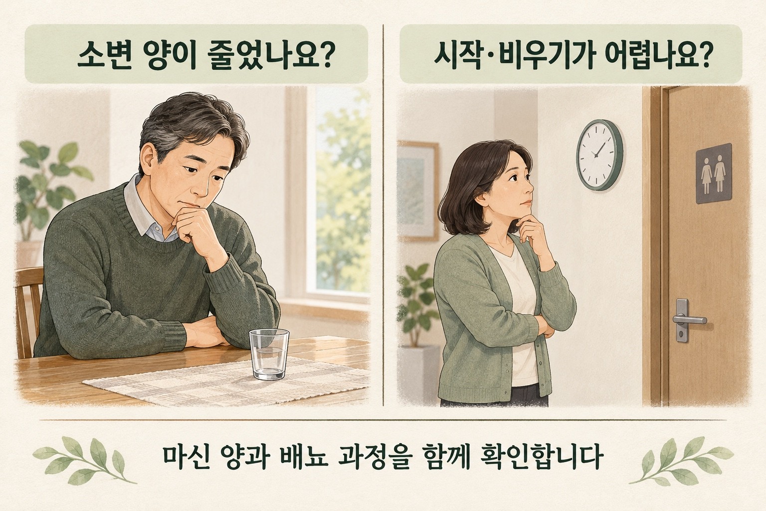 소변 양이 줄었는지와 시작하거나 비우기가 어려운지를 나눠 묻는 두 장면