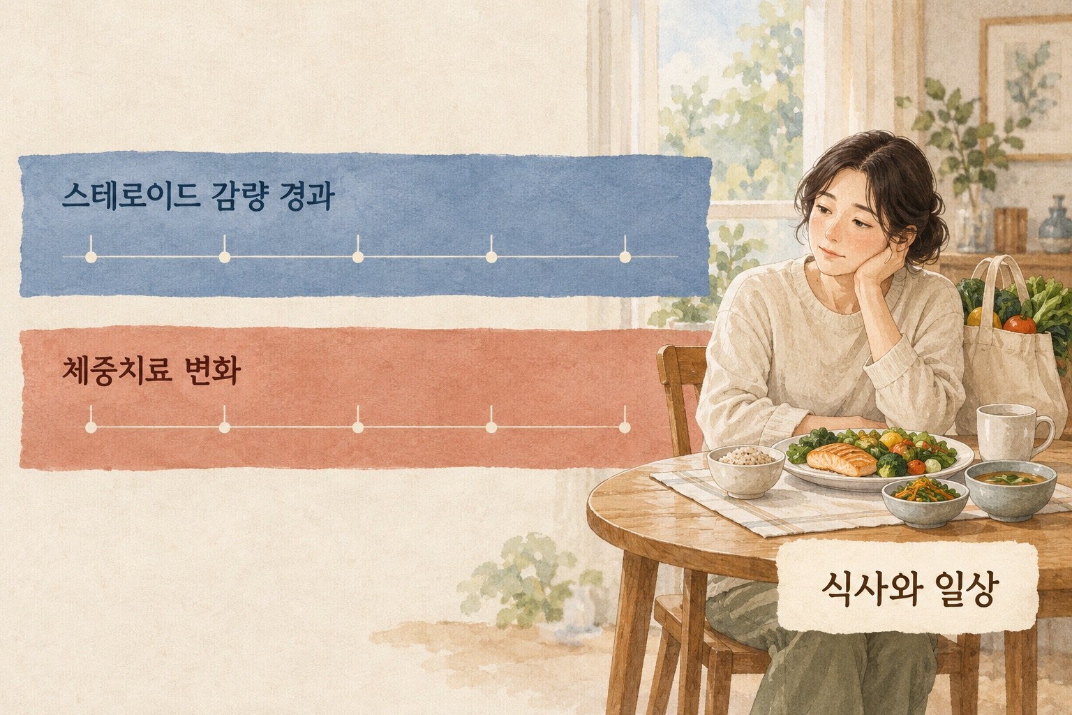 스테로이드 감량 경과와 체중치료 변화를 식사·일상 변화와 함께 살피는 그림