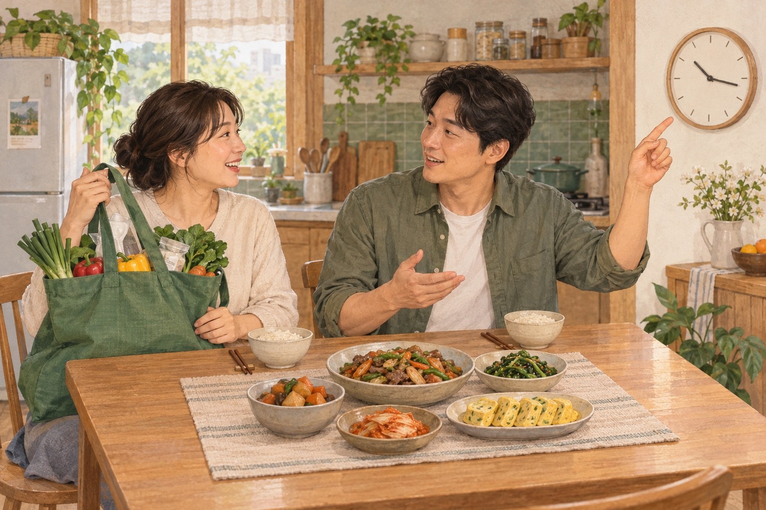 한 식탁에 앉아 장보기 가방과 식사 시간을 놓고 대화하는 두 성인