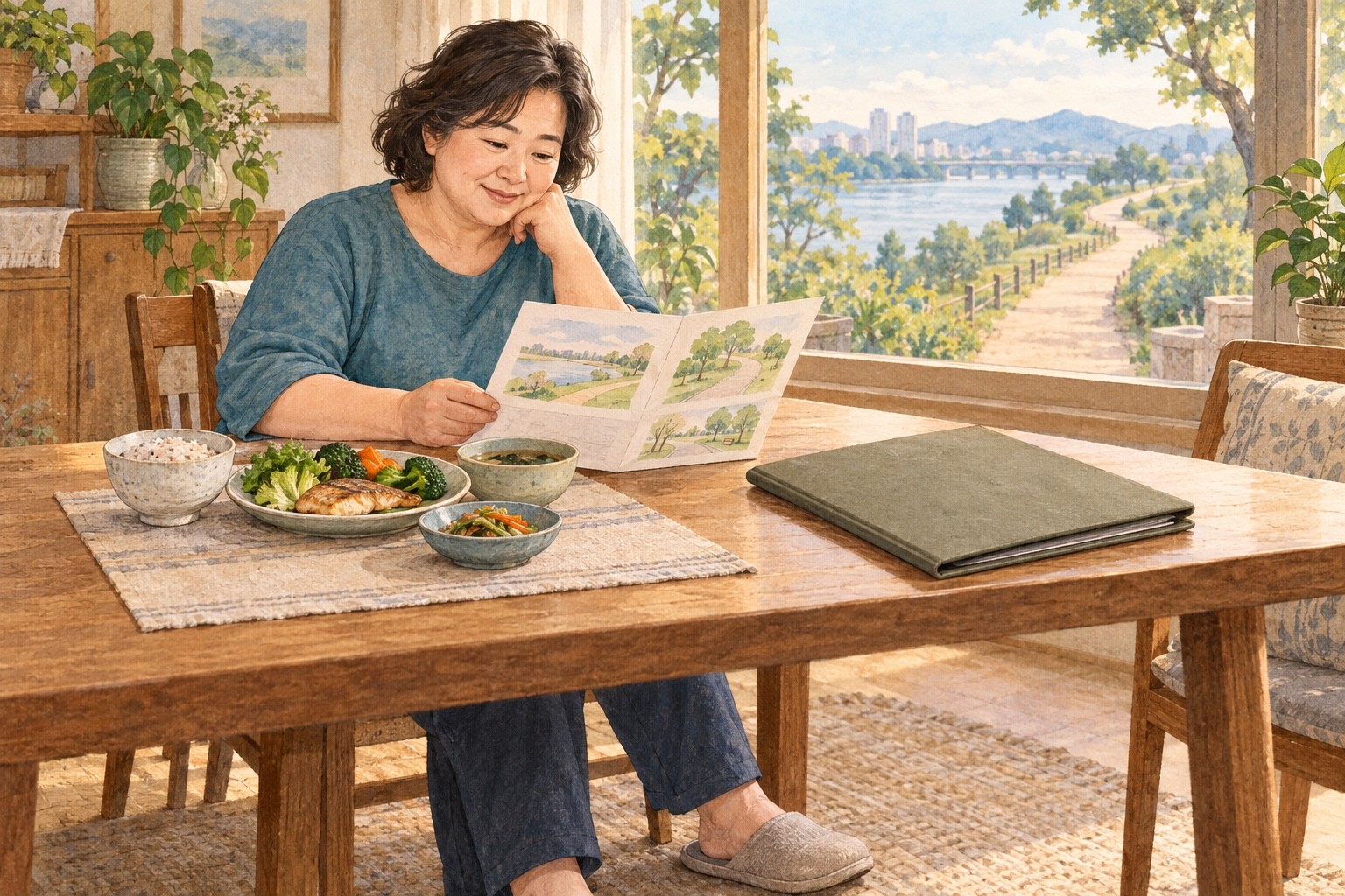 창밖의 긴 산책로를 두고 식사와 현재 가능한 활동 계획을 함께 살피는 사람