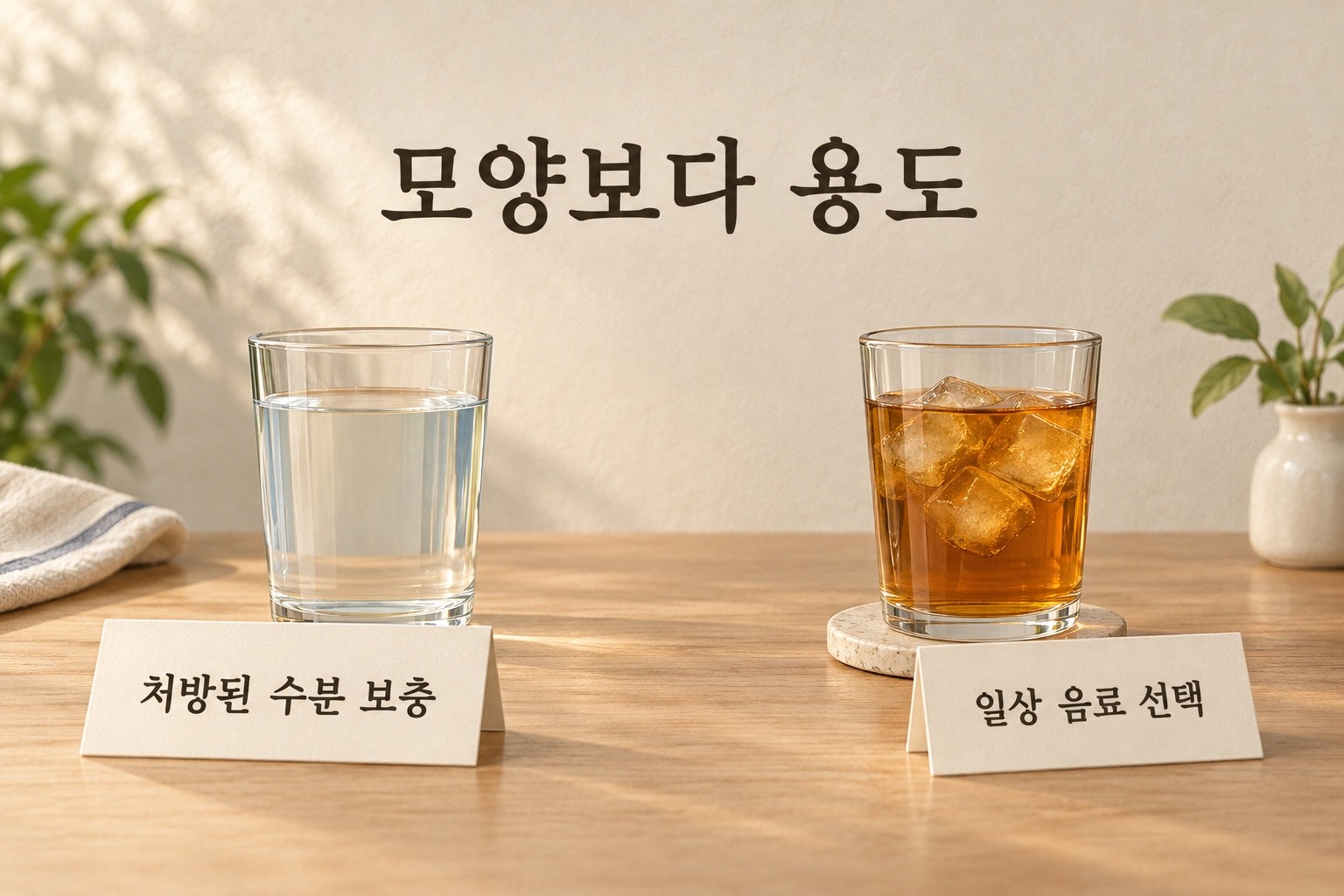 비슷한 잔에 담긴 음료를 처방된 수분 보충과 일상 음료 선택이라는 용도로 구분한 개념도