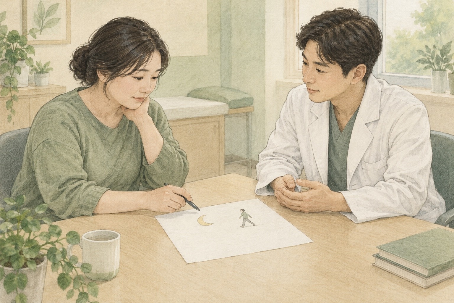 환자와 한의사가 수면과 활동을 나타내는 그림을 함께 보며 이번 체중 상담에서 다룰 건강 문제를 정하는 장면
