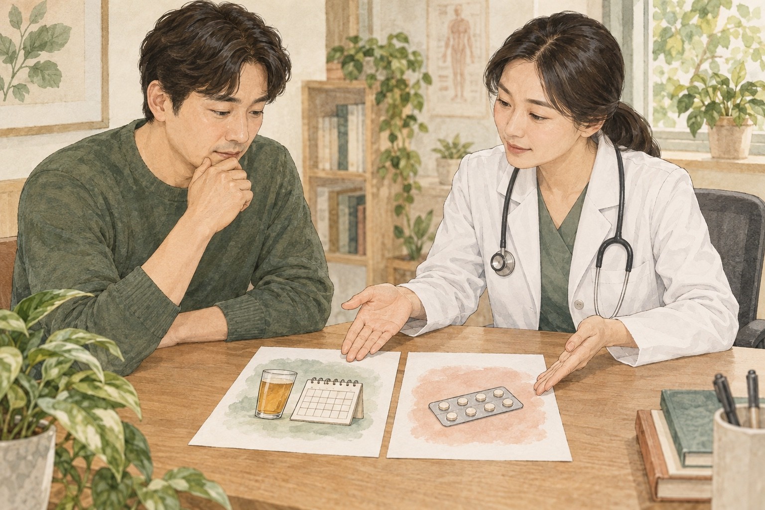 의료진과 환자가 평소 음주와 중단 계획을 그린 자료, 제안받은 체중약 자료를 함께 확인하는 가상 진료 장면