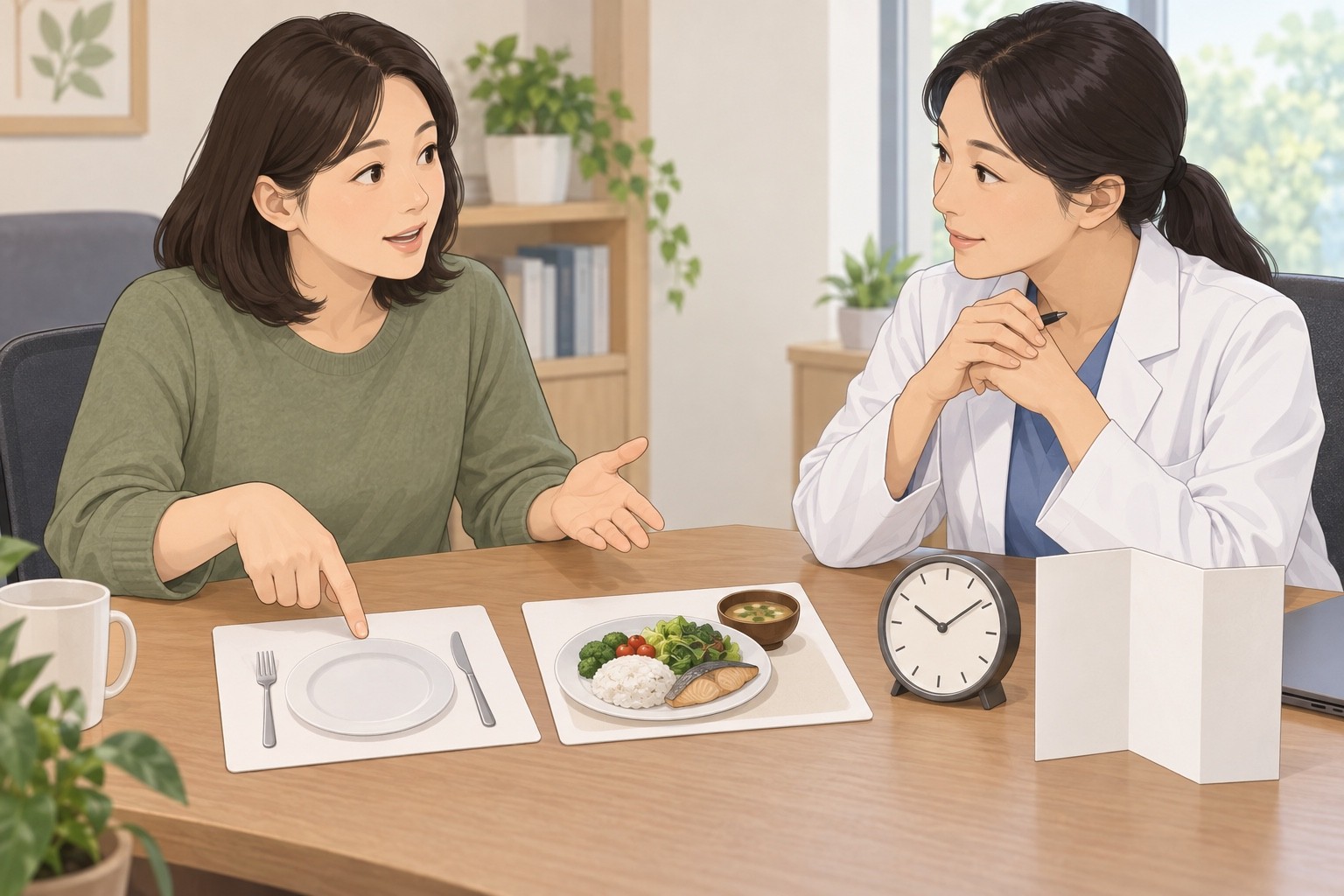 빈 식사 자리와 평소 식사 그림, 시계를 놓고 식사 패턴을 상담하는 성인과 의료진