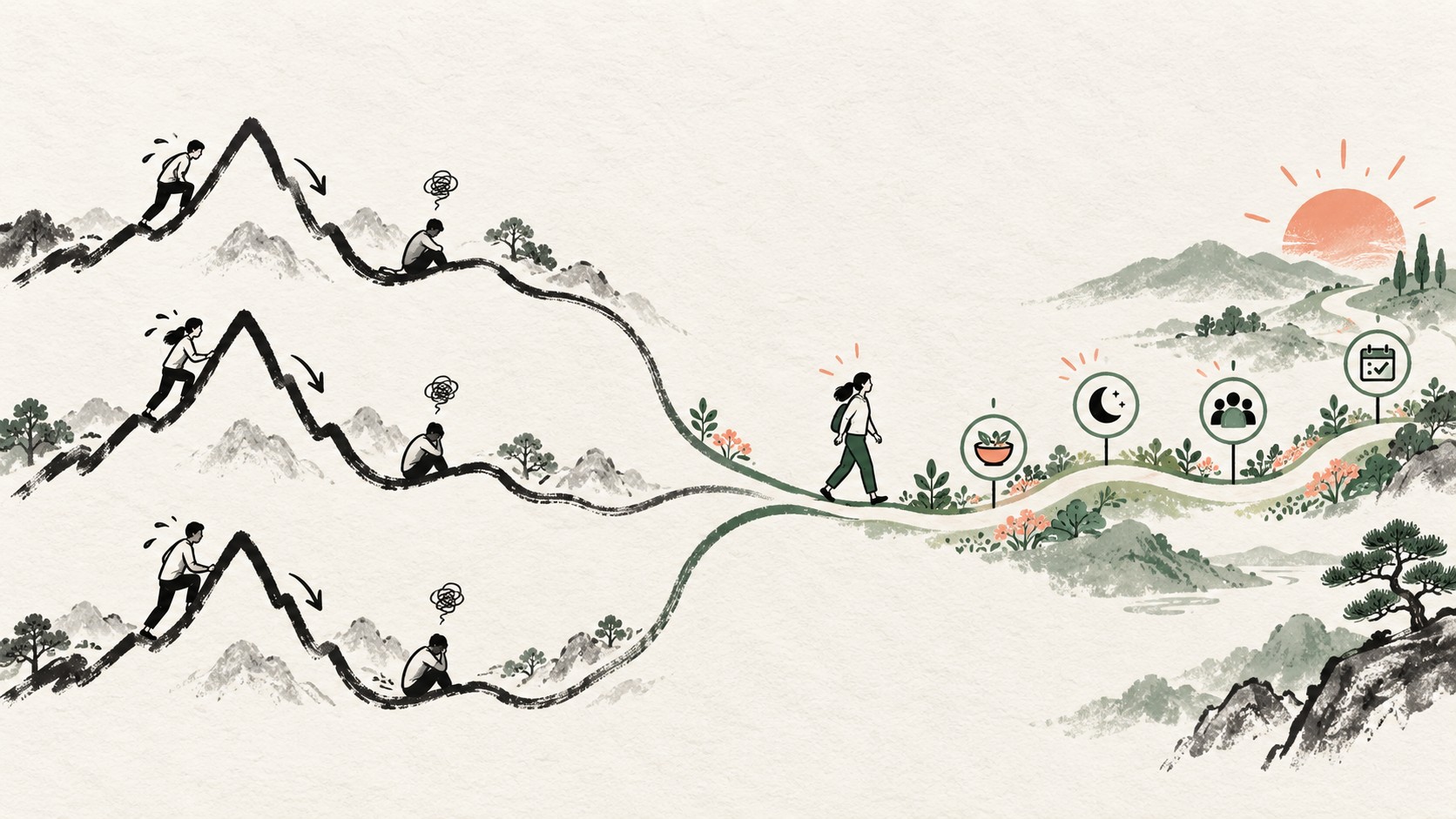반복되는 급격한 체중 감량과 재증가의 굴곡이 식사, 수면, 지원, 추적의 유지 장치를 따라 완만한 길로 바뀌는 그림