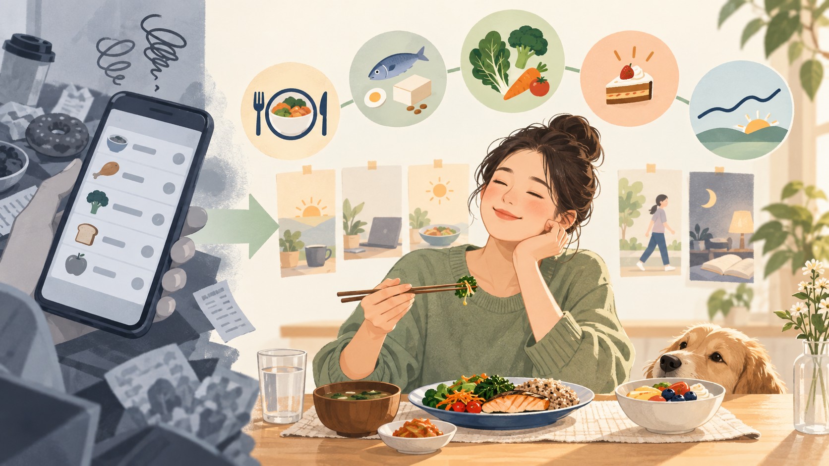 복잡한 칼로리 앱이 규칙적 식사와 단백질, 채소, 즐거움, 추세 확인의 단순한 리듬으로 바뀌는 그림