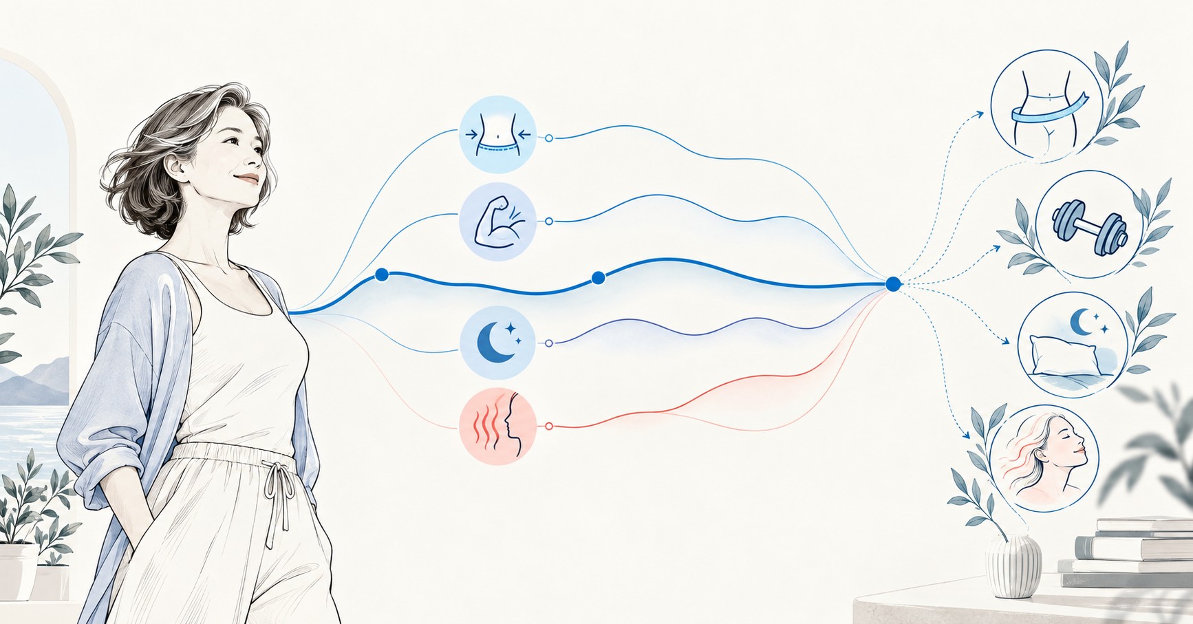 폐경 전환기 체중과 허리, 근력, 수면 지표를 함께 보는 그림
