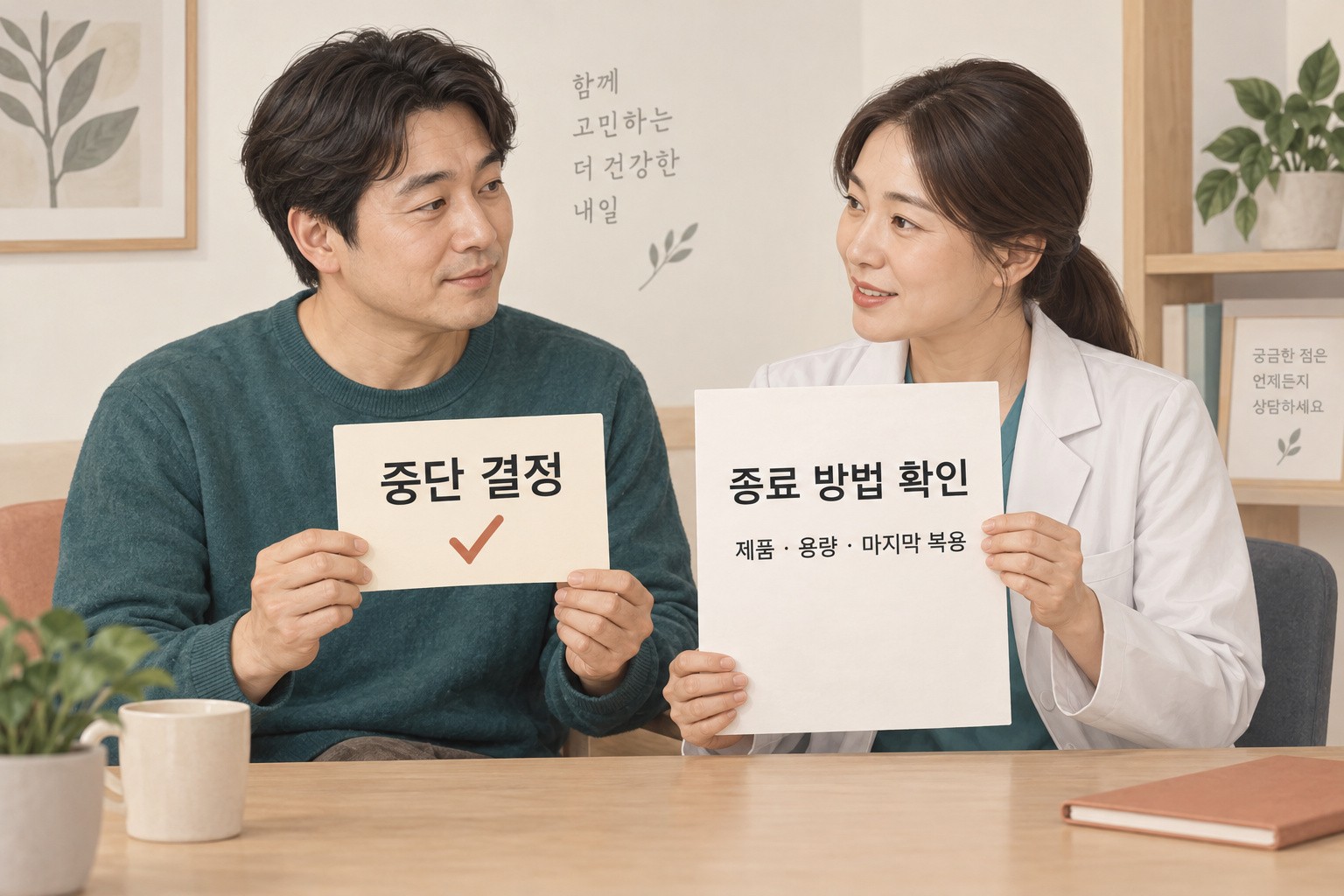 환자는 중단 결정, 의료진은 종료 방법 확인과 제품·용량·마지막 복용을 적은 문서를 들고 함께 이야기하는 합성 예시