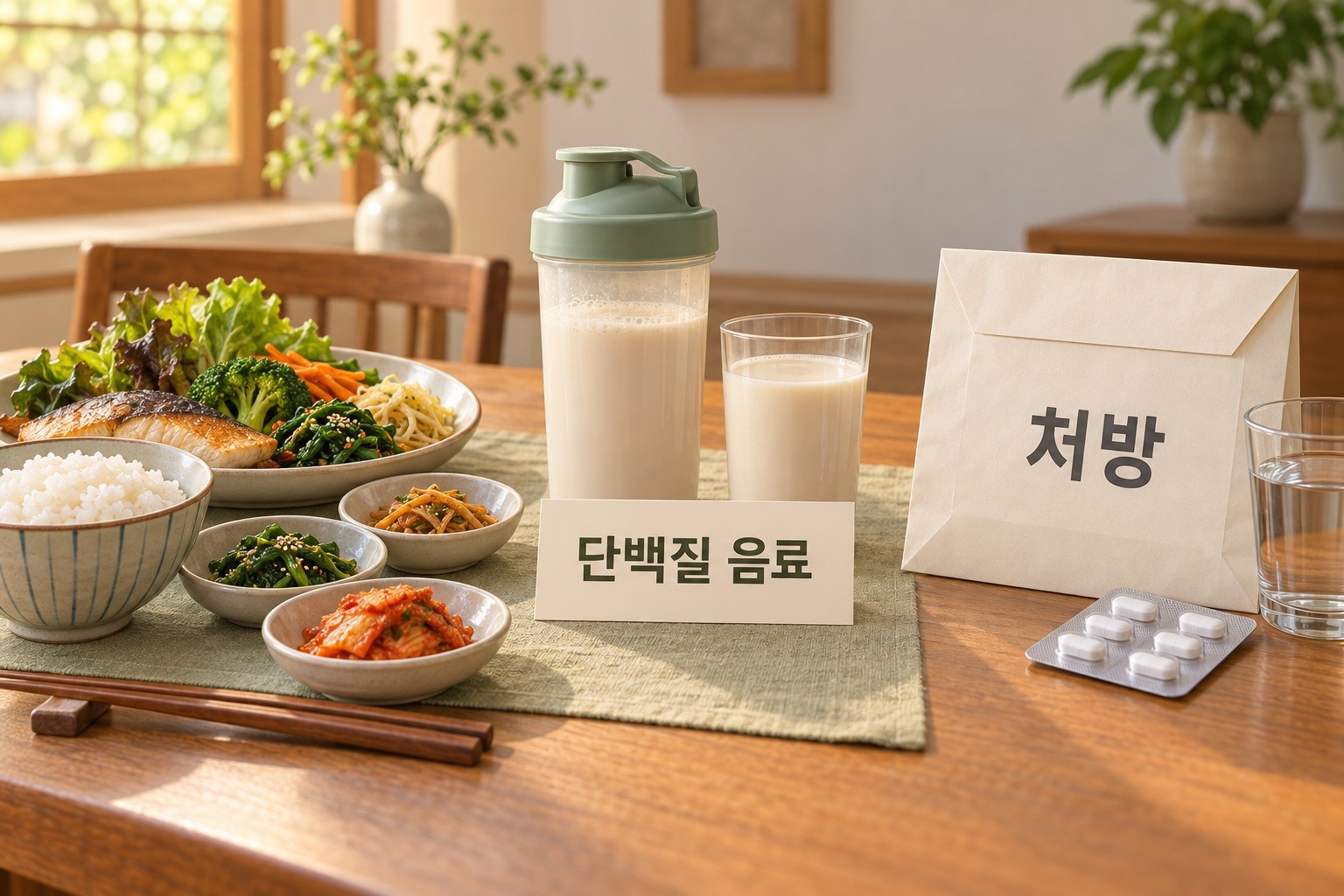 평소 먹던 한 끼와 새 단백질 음료, 처방을 따로 놓아 함께 바뀐 내용을 살피는 식탁
