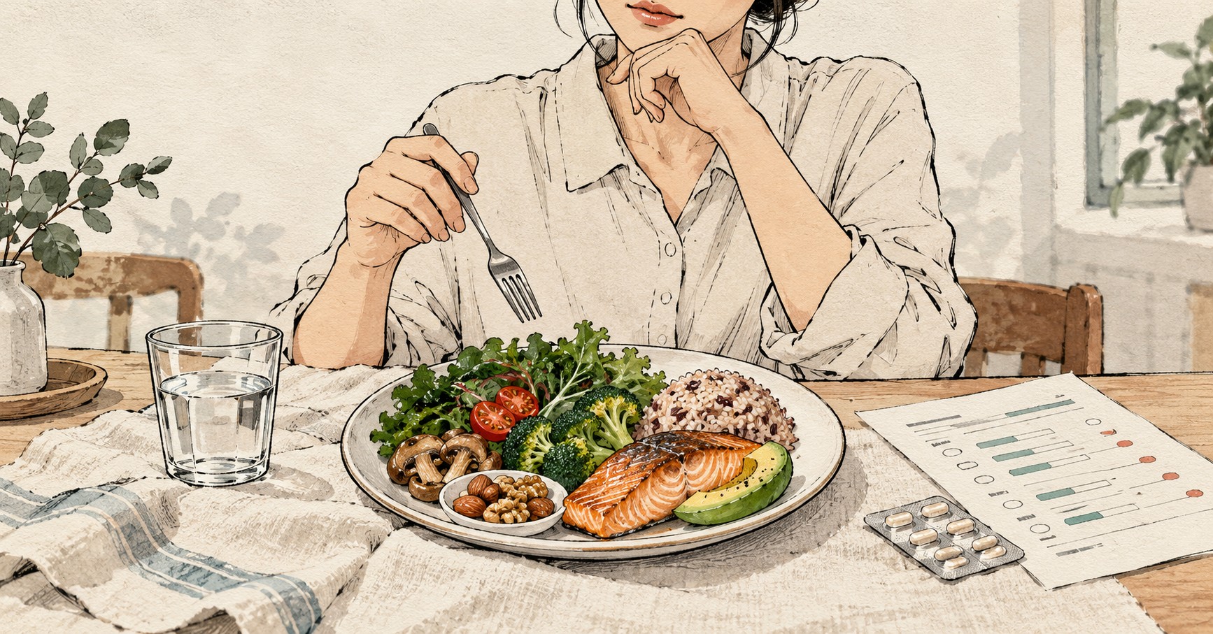 저탄고지 식단을 고르기 전 식사 구성과 복용약, 검사 결과를 함께 놓고 살피는 장면