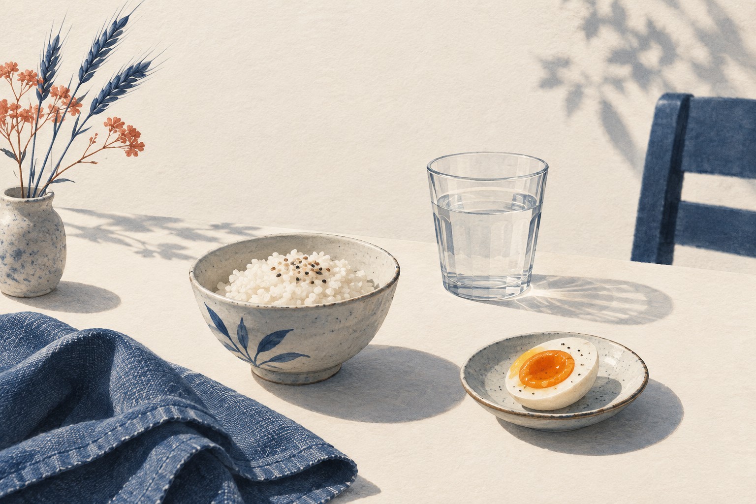 작은 밥그릇과 달걀, 물컵이 아침 빛 속에 놓인 식사 구성 일러스트