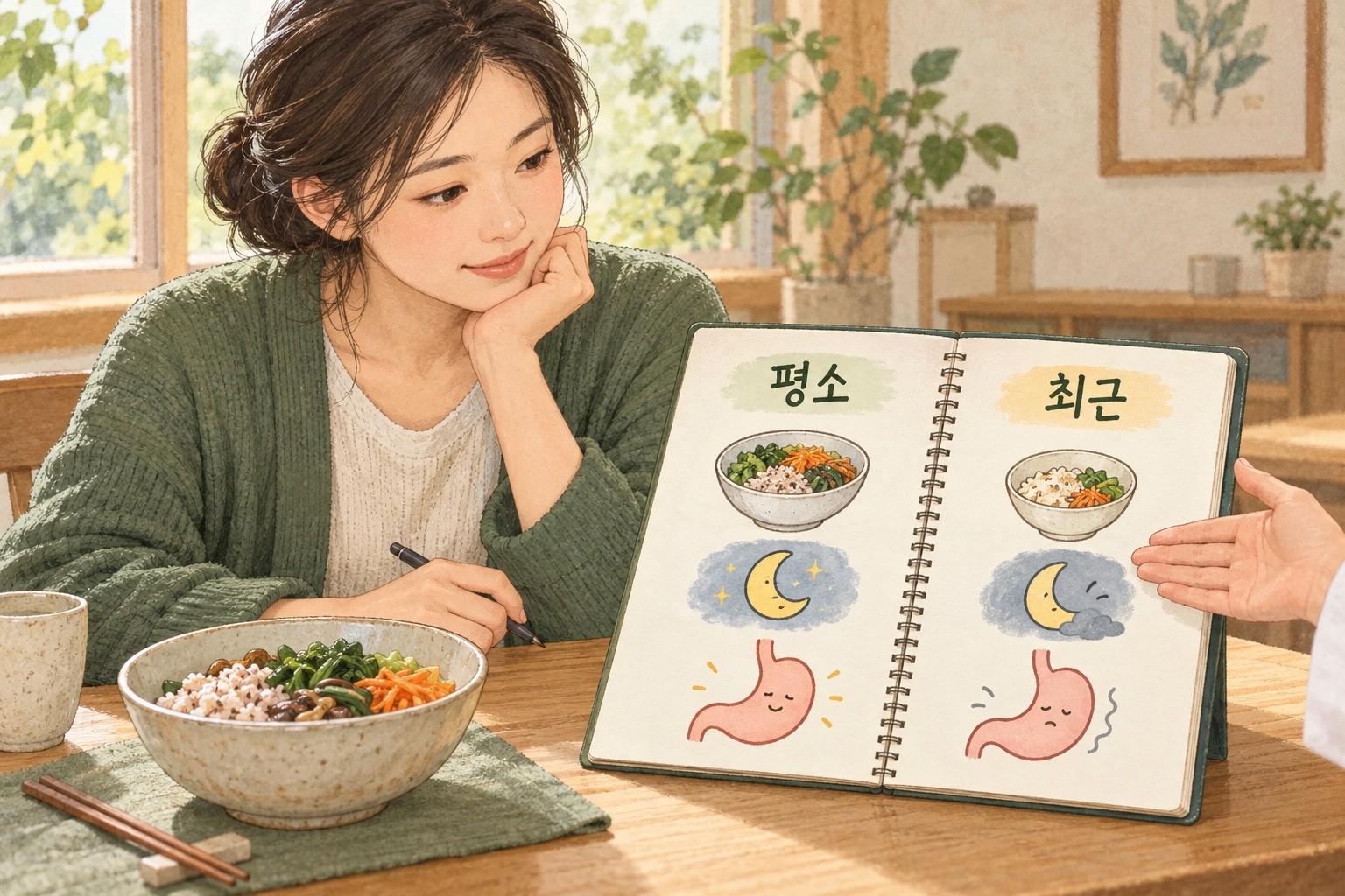 평소와 최근의 식사량·수면·소화 변화를 나란히 살펴보는 성인 여성