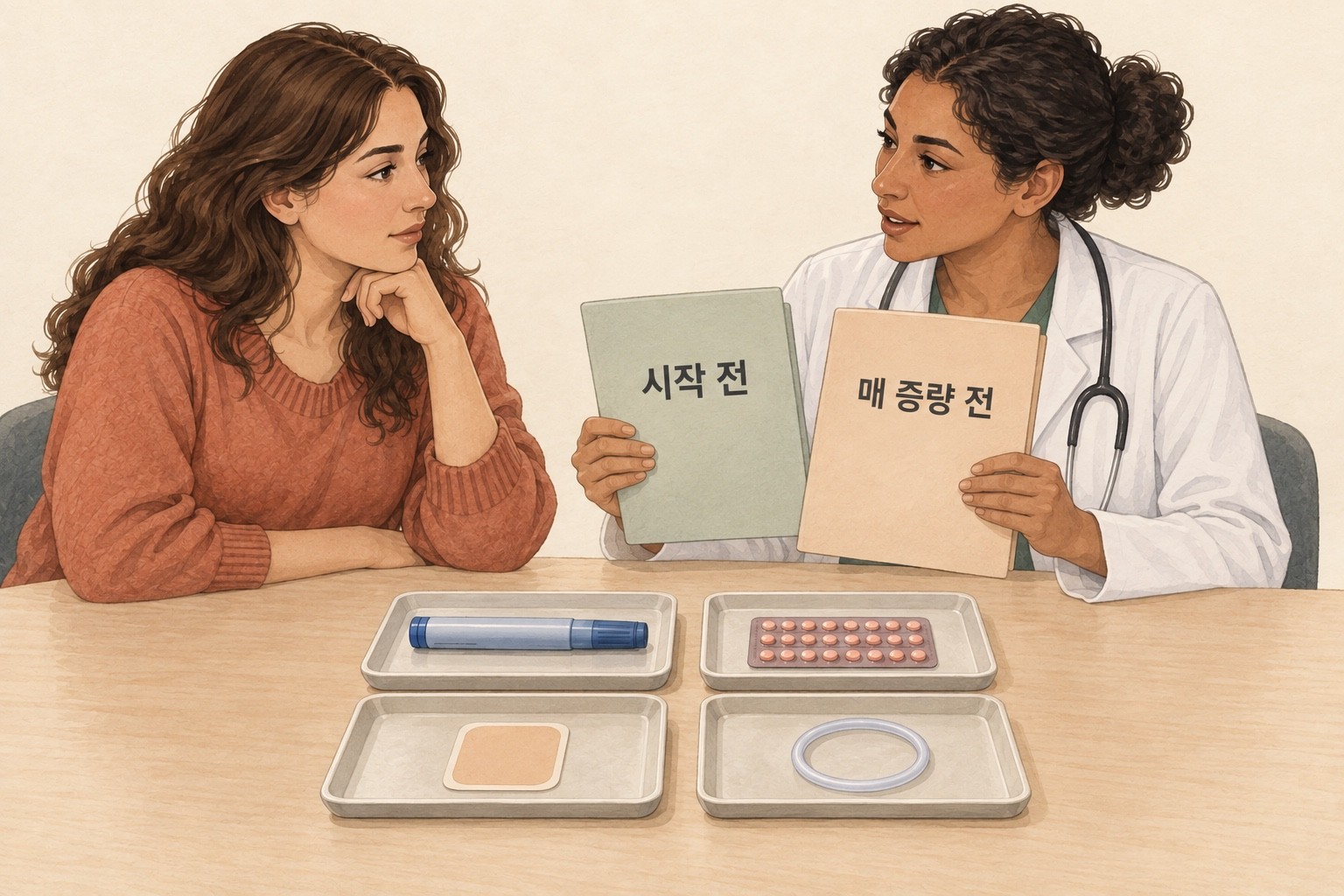 시작 전과 매 증량 전 상담 자료를 들고, 주사 펜·경구피임약·패치·링을 구별하며 의료진과 상담하는 사람