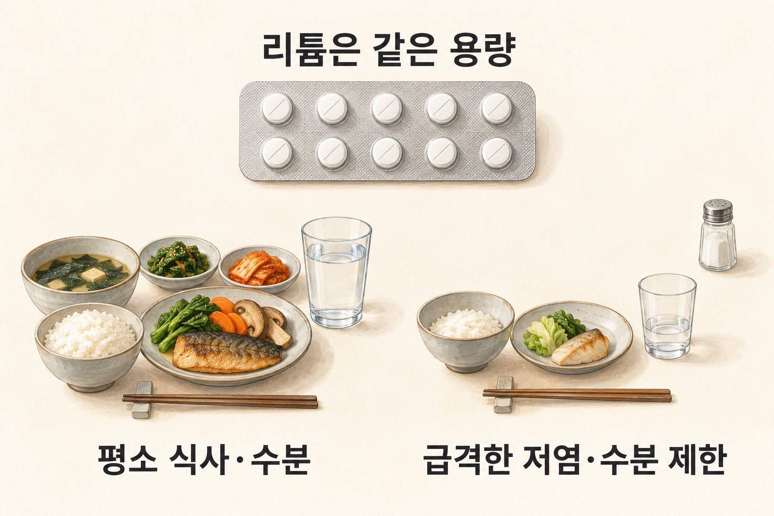 같은 리튬을 유지한 채 평소 식사·수분과 급격한 저염·수분 제한을 나란히 비교한 그림