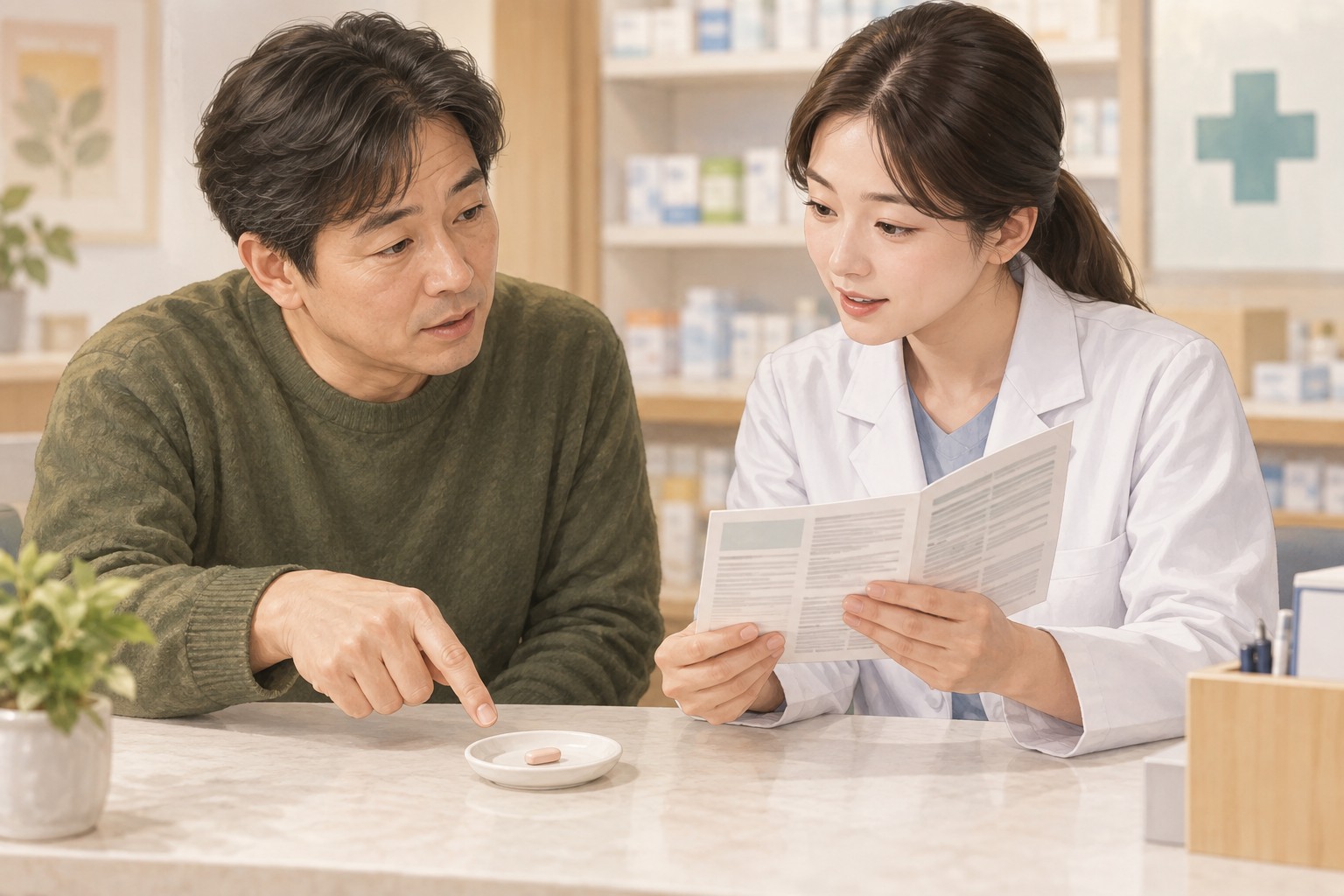 환자와 약사가 통째인 정제 옆에서 제품 안내문을 함께 확인하는 설명용 이미지