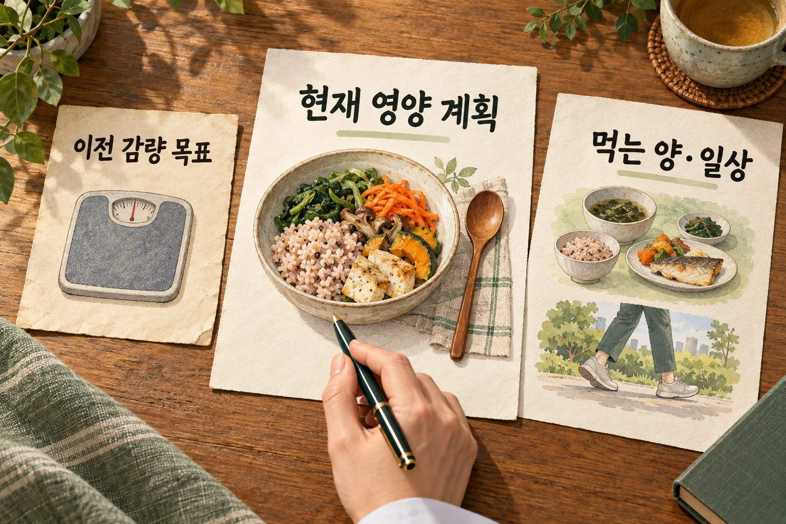 이전 감량 목표를 현재 영양 계획과 실제 먹는 양·일상에 비추어 다시 살피는 장면