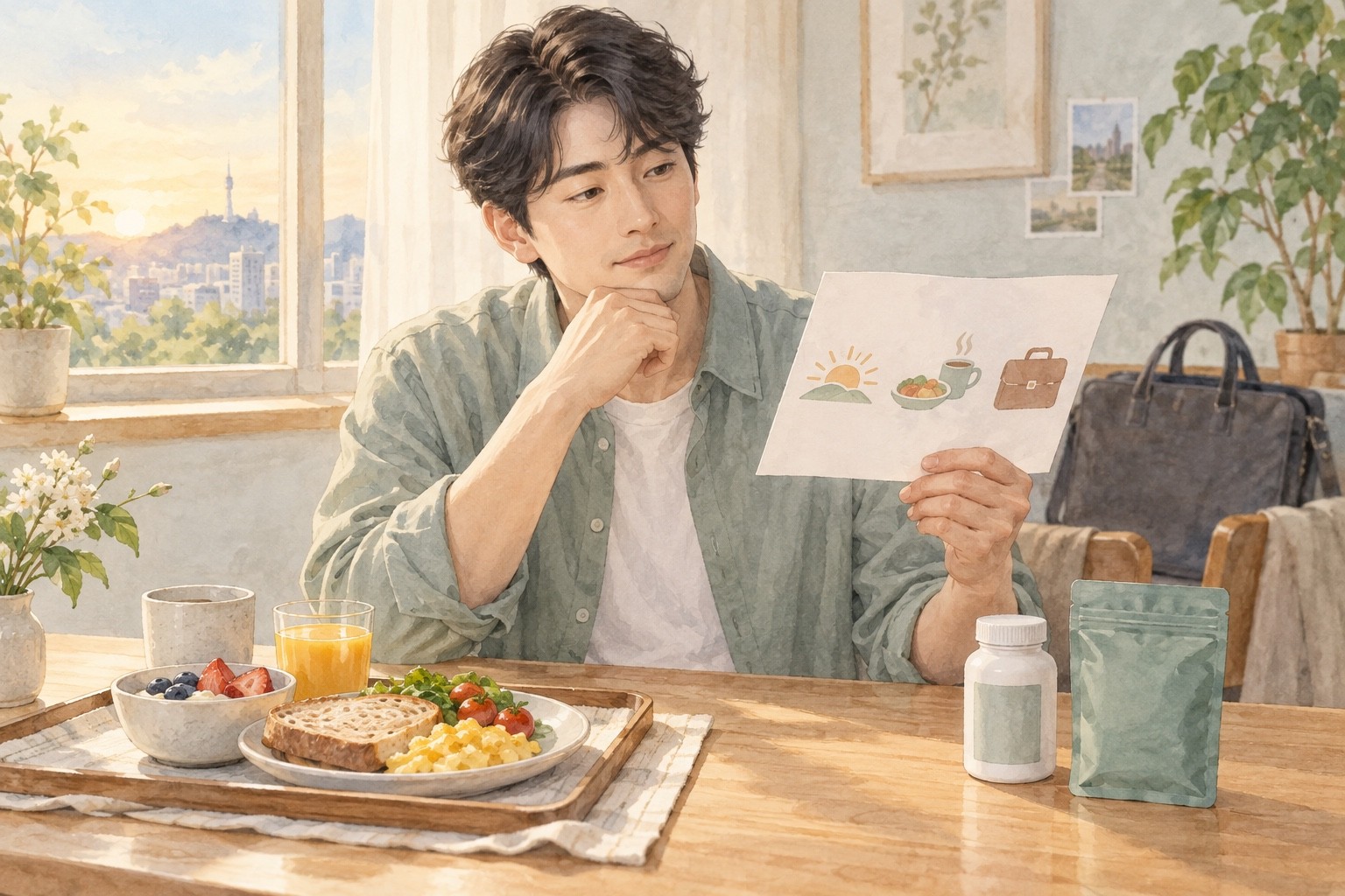 아침 식사와 기존 약의 포장, 출근 가방을 앞에 두고 새 경구 치료가 일상에 맞을지 생각하는 사람
