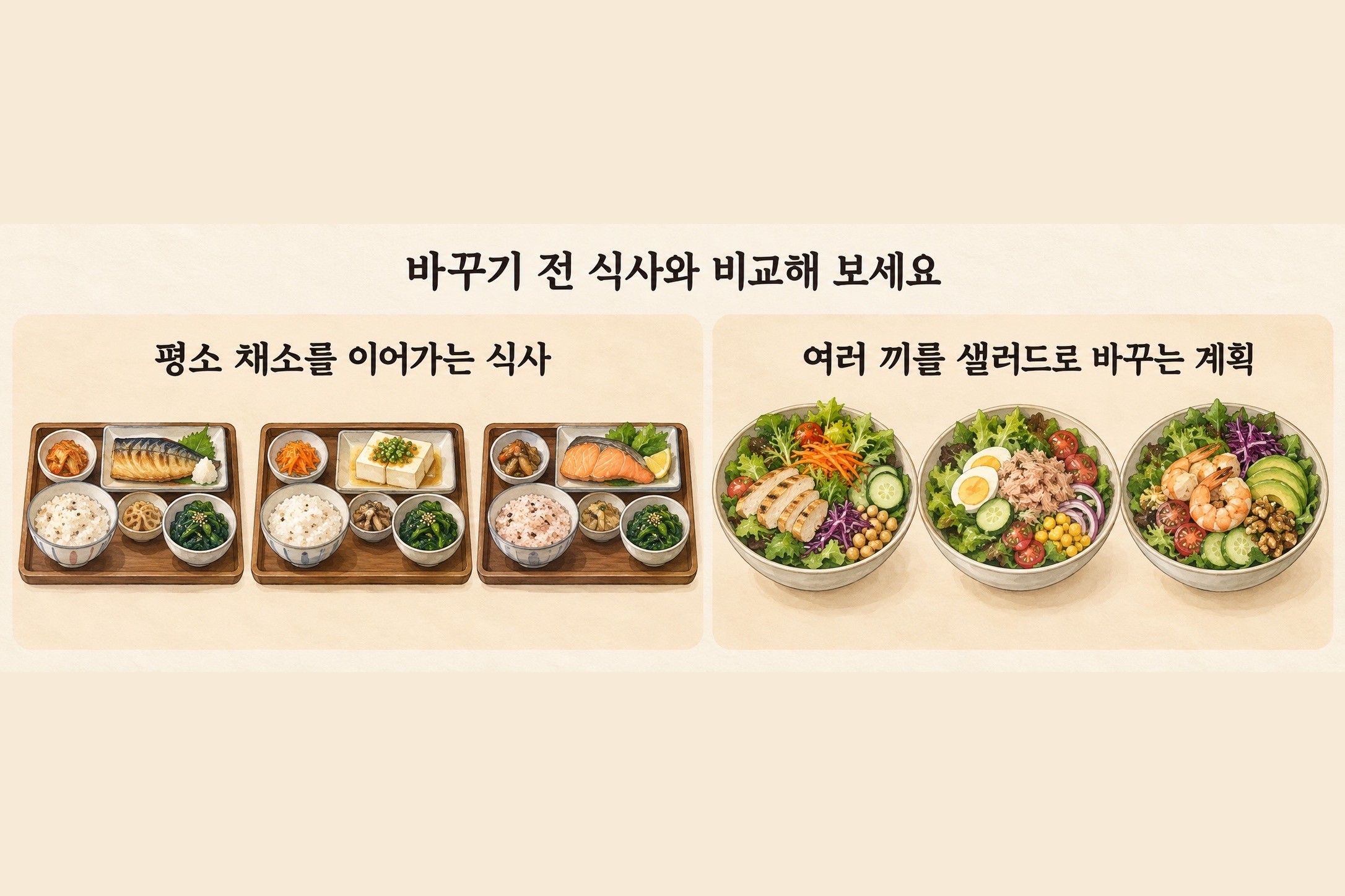 익숙한 채소 반찬을 유지한 식사 세 끼와 여러 끼를 샐러드로 대체한 계획의 비교