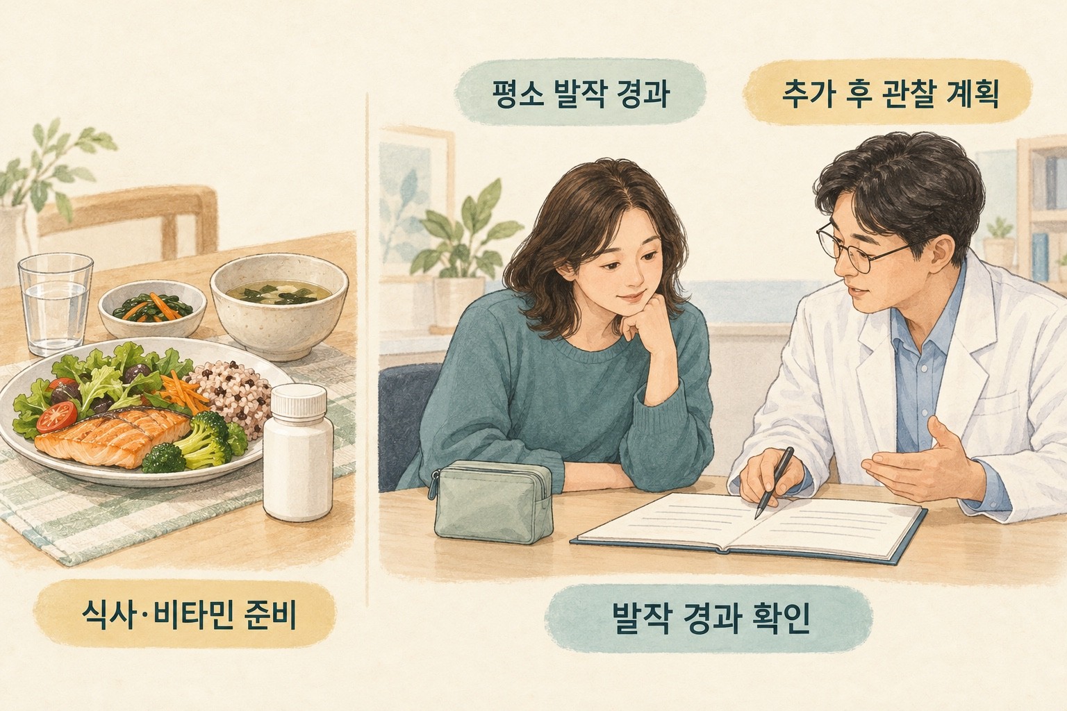 식사·비타민 준비 옆에서 평소 발작 경과와 추가 후 관찰 계획을 함께 살피는 상담 그림