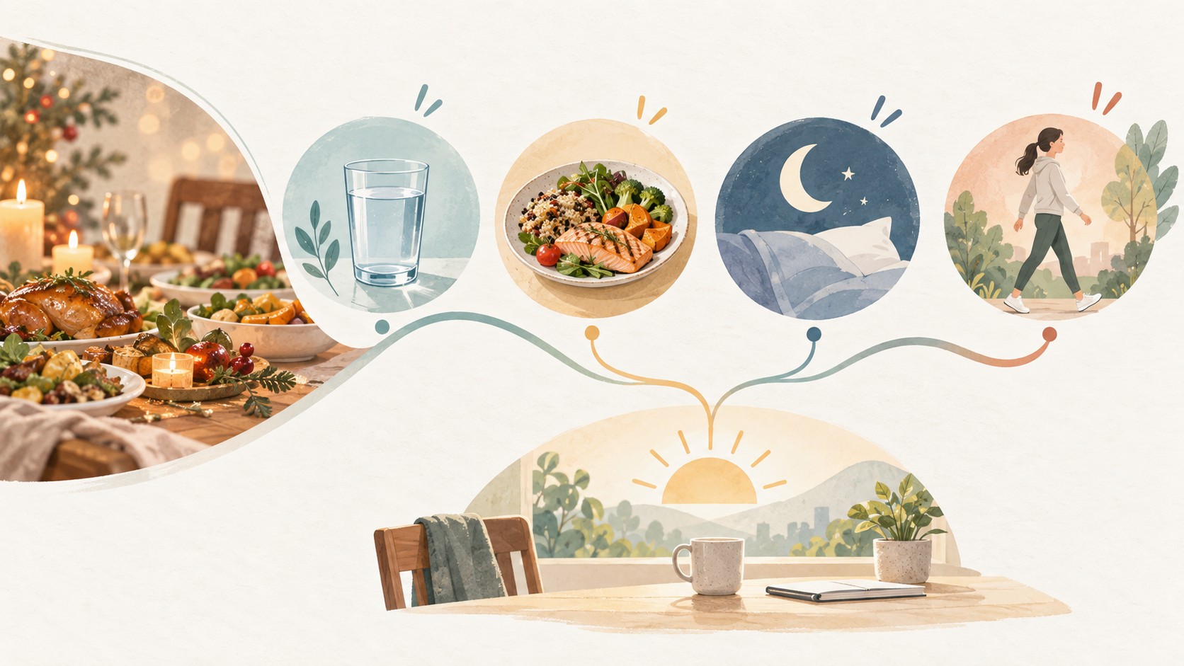행사 식사 뒤 물, 규칙 식사, 수면, 걷기의 네 회복 앵커가 일상 리듬으로 모이는 그림