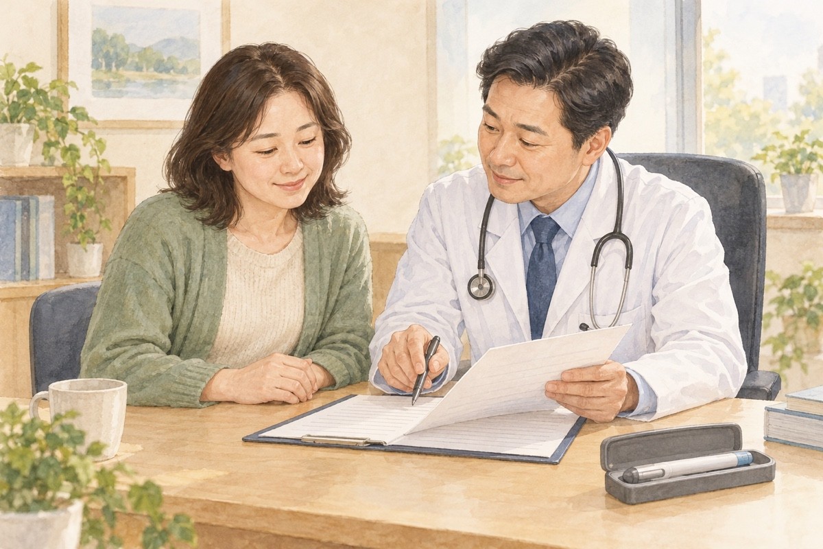 회복한 사람이 사용하지 않은 주사 펜을 옆에 둔 채 의료진과 이전 치료 기록과 다음 계획을 살피는 예시 그림