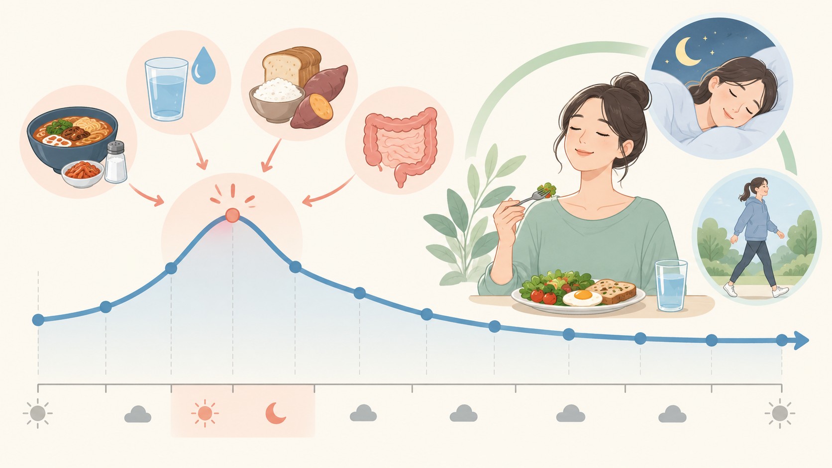 주말 뒤 짧은 체중 상승이 수분과 염분 영향을 거쳐 며칠 추세로 안정되는 그림