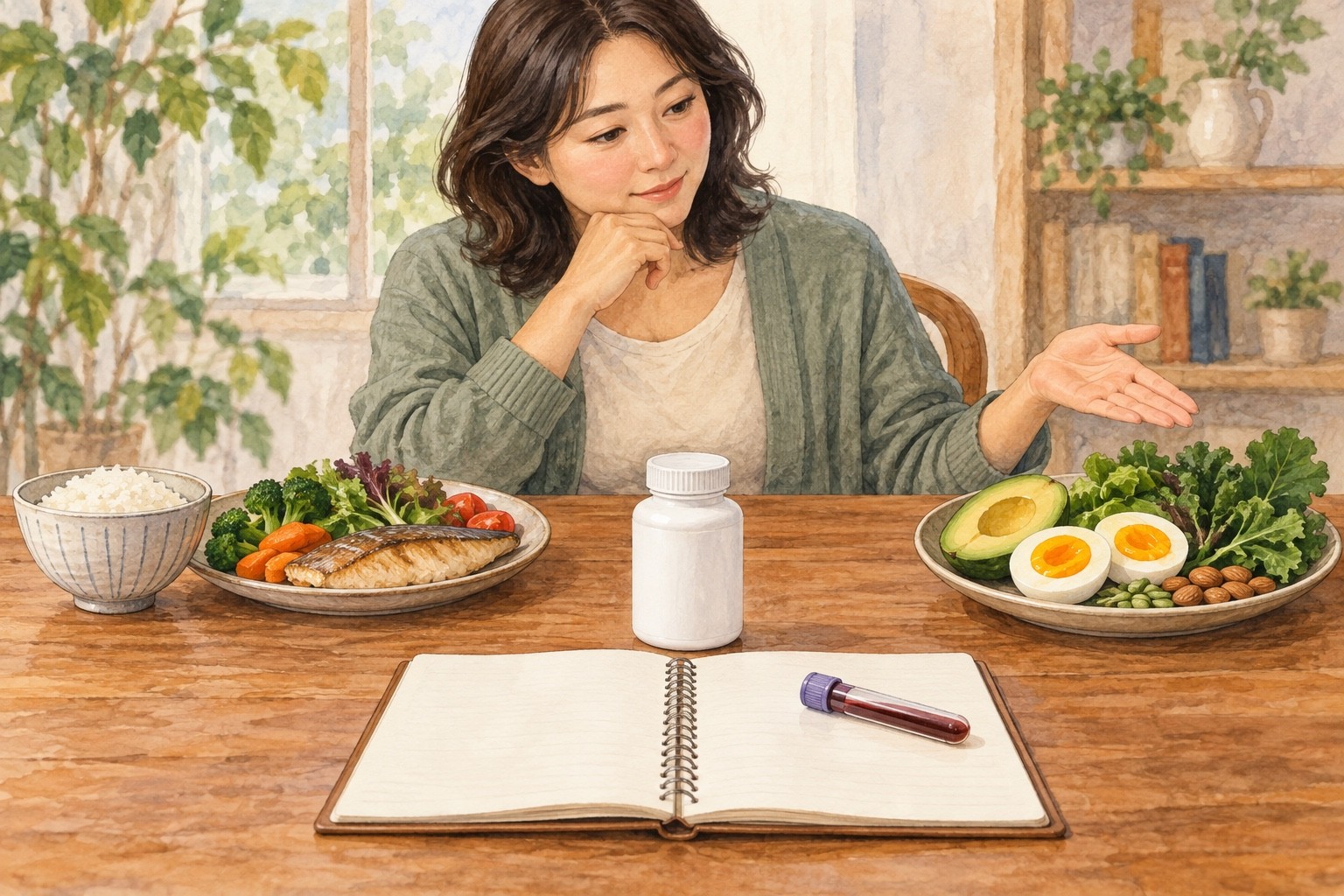약은 그대로 두고 끼니 구성을 바꾸기 전, 두 식사와 복용약·검사 계획을 함께 살피는 장면