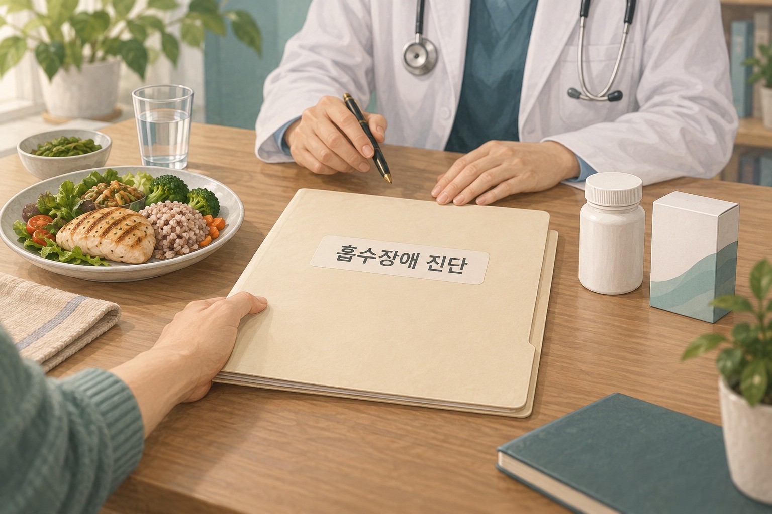 흡수장애 진단 기록을 식사와 보충제, 검토 중인 약 제품보다 먼저 확인하는 상담 장면