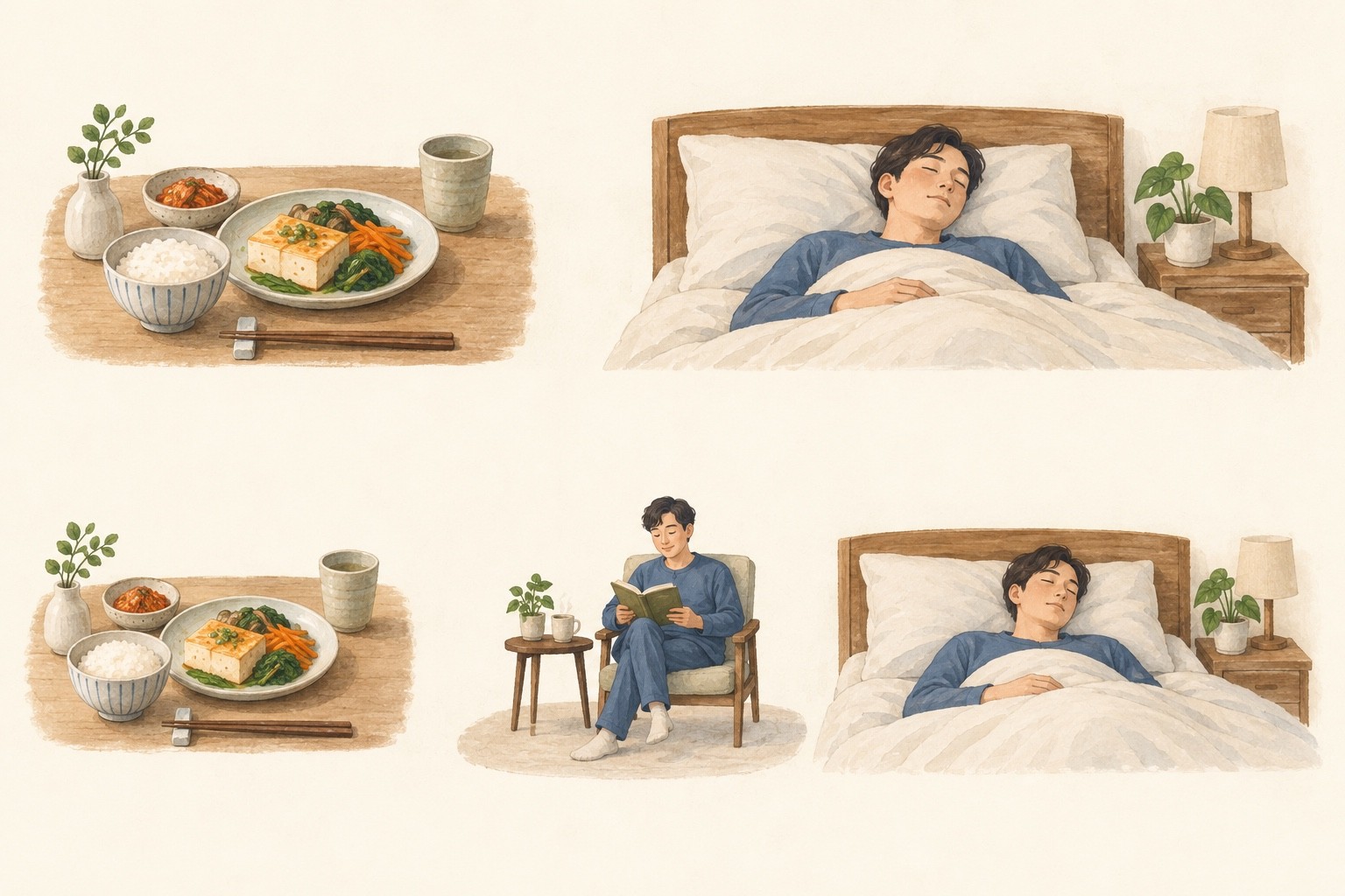 같은 식사를 한 뒤 곧 눕는 장면과, 식사를 유지하며 앉아 있는 시간을 두고 눕는 장면의 비교