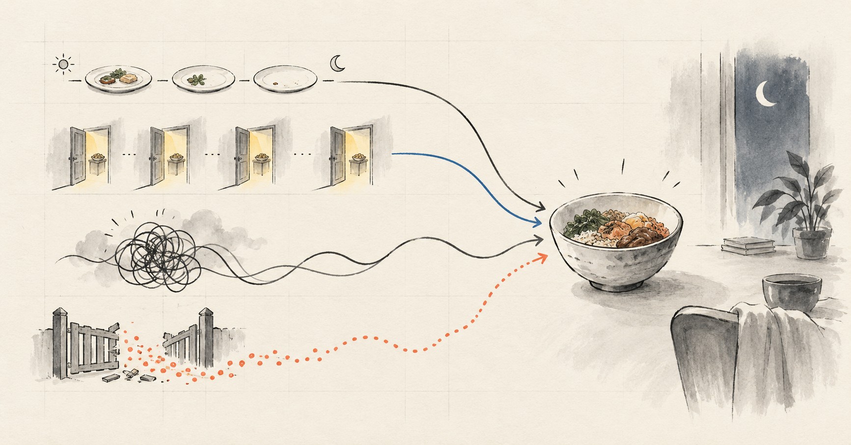 밤 시간대의 강한 식욕과 식사·수면·감정 기록을 함께 살펴보는 장면