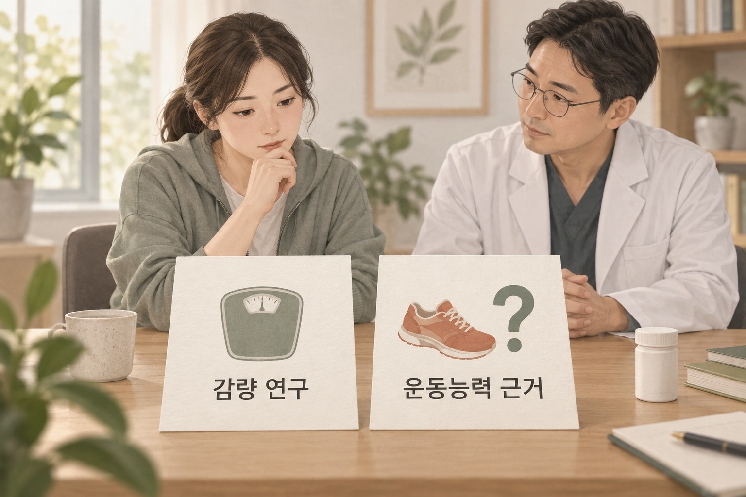 상담 장면에서 감량 연구와 운동능력 근거를 따로 놓고 살펴보는 모습. 운동능력 근거 옆에는 물음표가 있습니다.