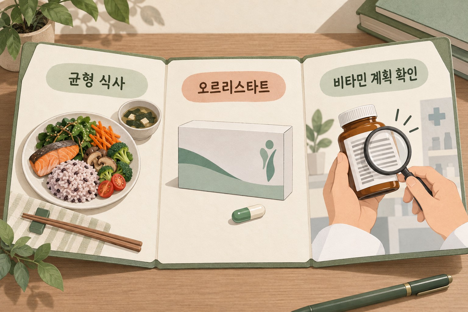 균형 식사와 오르리스타트, 성분표를 확인하는 별도의 비타민 계획을 함께 살피는 그림