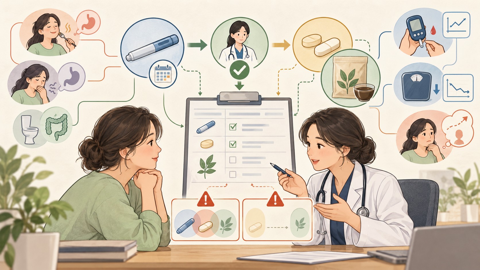 GLP-1 주사와 먹는 약·한약 사이의 약물 조정과 증상 모니터링을 보여주는 임상 일러스트