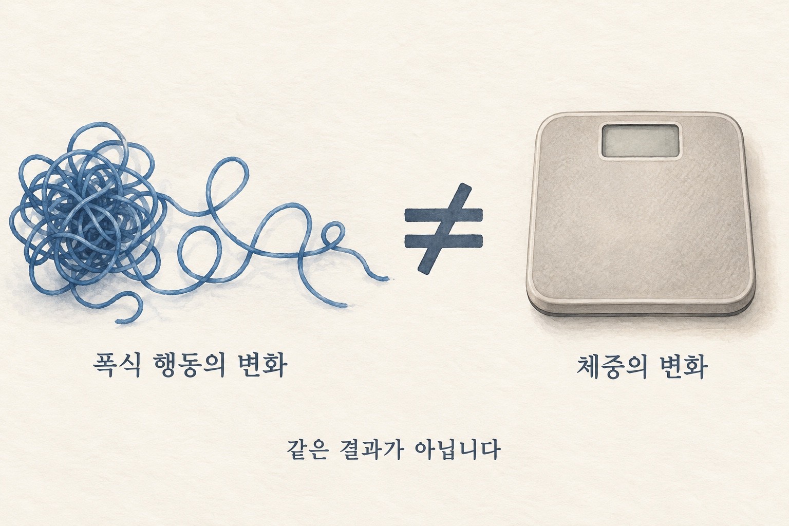 엉킨 실이 풀리는 모습과 숫자 없는 체중계 사이에 같지 않음 기호를 둔 개념 그림