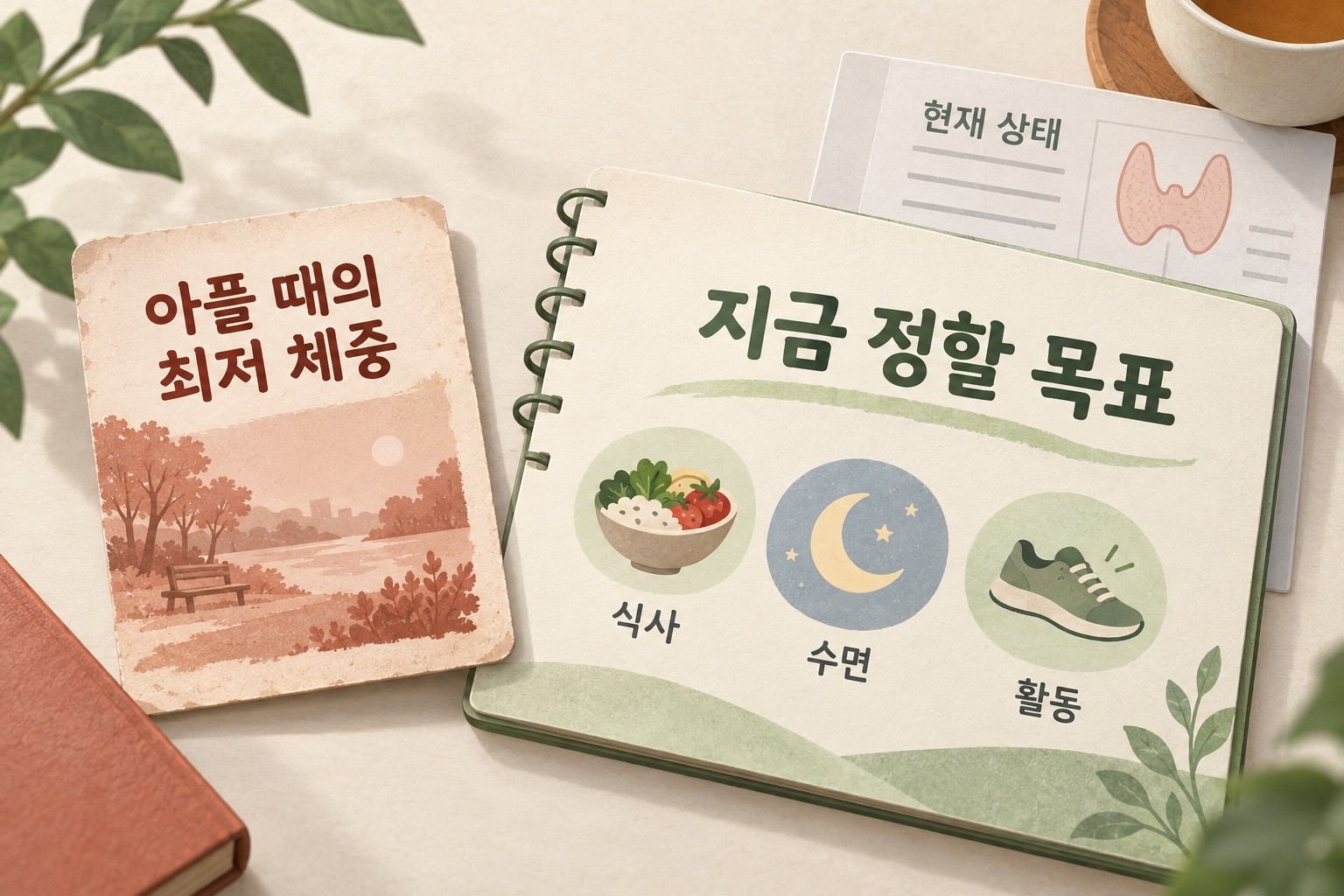 아플 때의 최저 체중 기록 옆에 현재 갑상선 상태와 식사·수면·활동을 살펴 지금 정할 목표를 펼친 그림